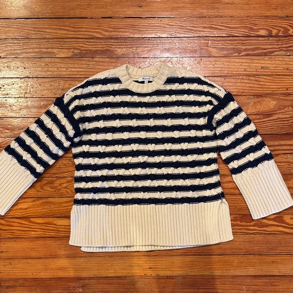 Madewell Sweaters - Madewell Cream and Navy Striped Cable-Knit Sweater